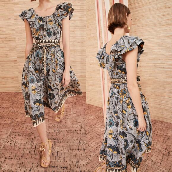 Ulla Johnson Amira Ruffled Neckline Midi Dress Portofino Floral Size 4 Preowned - Picture 1 of 10